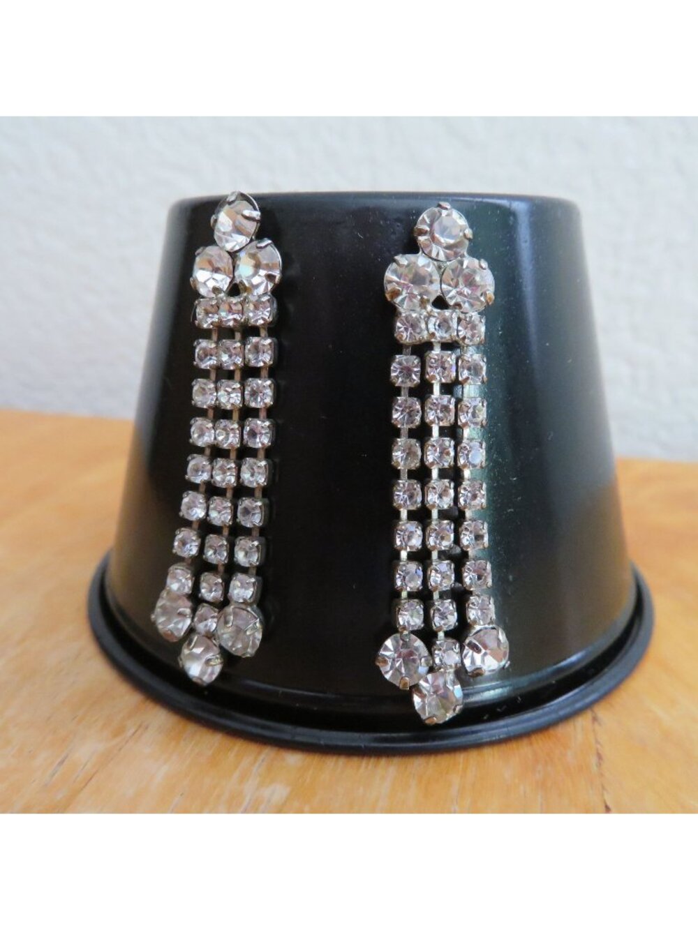 Vintage Crystal Rhinestone Dangle Earrings Multi-Row Design Silver-Tone Metal